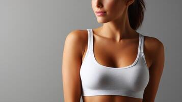 Dynamic fitness pose studio fashion photography soft lighting side view empowering body image photo