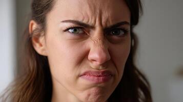Expression of displeasure indoor setting emotional portrait neutral lighting close-up human reaction photo