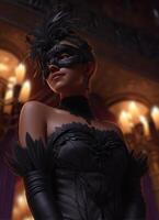 Elegant masquerade ball attendee grand venue portrait photography luxurious setting close-up mystery and glamour photo