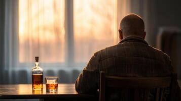 Reflecting on life a man contemplates with whiskey cozy room emotional scene warm atmosphere introspective perspective photo