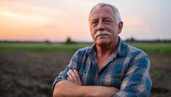 Elderly farmer reflecting at sunset in open field lifestyle portrait natural environment rural view photo