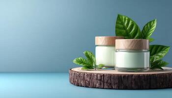 Natural skincare products on wooden base indoor setting clean aesthetic relaxing environment photo