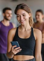 Engaging workout routine gym fitness content indoor environment close-up viewpoint photo