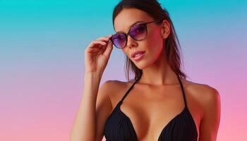 Beach model posing in sunglasses tropical paradise fashion photography vibrant sunset close-up summer vibes photo
