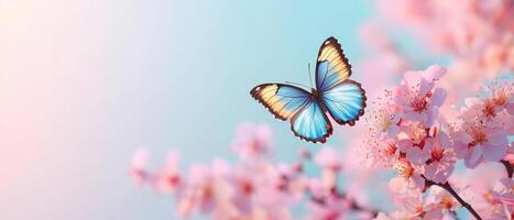Butterfly landing on cherry blossom nature scene springtime tranquil environment close-up view photo