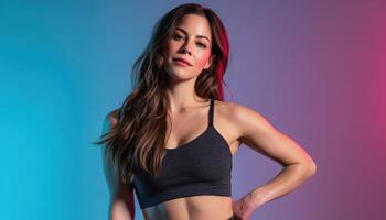 Fitness model pose studio portrait photography neon lighting front view empowerment concept photo