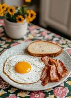 Delicious breakfast with bacon and eggs cozy kitchen setting food photography home environment close-up view photo