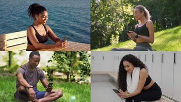 A diverse group of athletic individuals is seen interacting with their devices in different environments. video