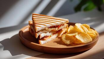 Delicious sandwiches and chips kitchen table food photography bright natural light close-up focus photo