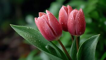Beautiful pink tulips with raindrops nature garden close-up shot fresh environment serene viewpoint photo