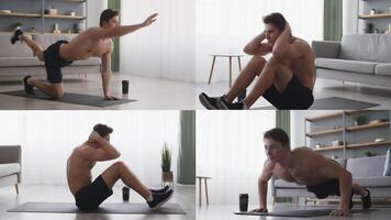 Various athletic exercises are performed by a fit individual in a bright and airy indoor setting. The workout features core, strength, and flexibility training for an active lifestyle. video