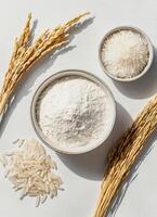 Harvesting rice flour and grains kitchen setup food photography bright environment close-up view culinary art photo
