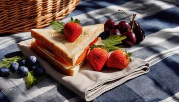 Picnic scene with sandwich and berries outdoor setting food photography natural light photo