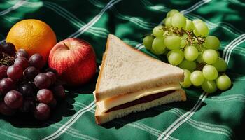 Picnic delight fresh sandwich and fruits on green checkered cloth outdoor setting vibrant composition photo