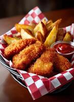 Delicious golden chicken tenders with crispy fries cozy diner food photography inviting atmosphere photo