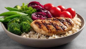 Grilled chicken bowl with vegetables kitchen table food photography bright setting close-up view photo