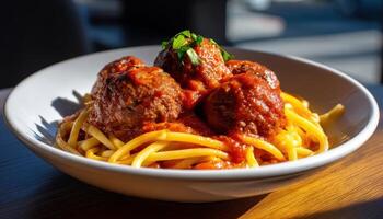 Delicious spaghetti and meatballs restaurant food photography cozy atmosphere close-up view italian cuisine photo
