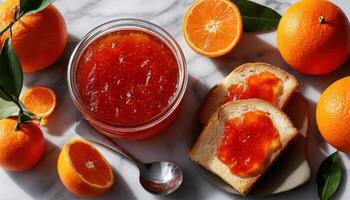 Making fresh orange jam at home kitchen food preparation bright close-up culinary delight photo