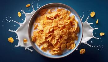 Crunchy corn flakes with milk splash kitchen table food photography vibrant colors top view breakfast concept photo