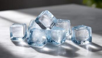 Refreshing ice cubes on a marble table kitchen setting high-quality photo bright lighting