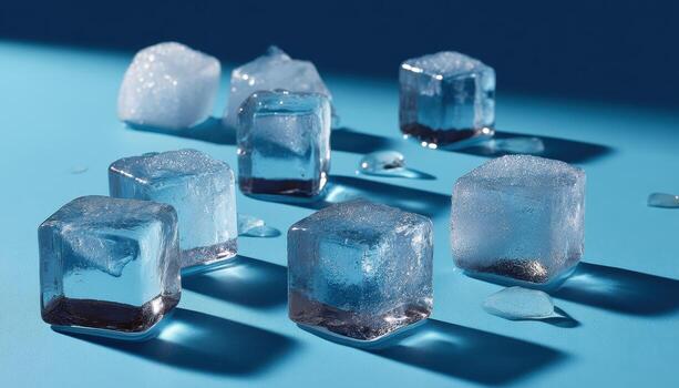 Ice cubes melting on a blue surface studio shot refreshing beverage setting photo