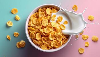 Exciting breakfast moment milk splashing into crunchy corn flakes kitchen food photography bright colors photo