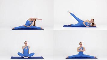 Performer demonstrate various stretching and strengthening techniques on a yoga mat. Each pose highlights balance and agility, ideal for fitness enthusiasts. video