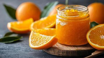 Delicious orange jam in a transparent jar photo