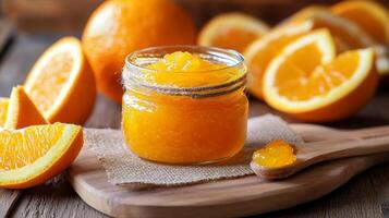 Glass jar filled with tangy orange jam, a delightful treat photo