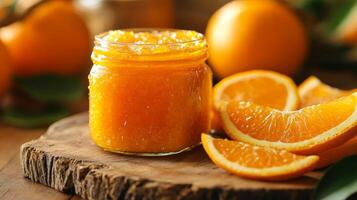 Sweet orange jam in a glass jar. photo