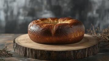 Aromatic Freshly Baked Ring Bread on Rustic Wooden Board photo