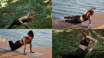 A group of diverse individuals practices various fitness exercises outdoors near a serene waterfront. They showcase athleticism and commitment to a healthy lifestyle in a natural setting. video