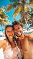 Couple Smiles Brightly on a Tropical Beach Paradise photo