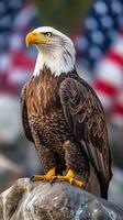 Majestic Bald Eagle Perched on a Rock photo
