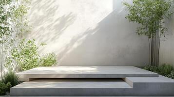 Modern Concrete Patio Design with Plants and Sunlight photo