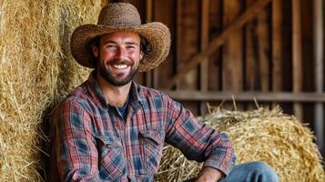 Smiling Farmer in a Barn, A Happy and Content Rural Lifestyle photo