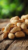 Close-up of a Pile of Peanuts on Rustic Wooden Table photo
