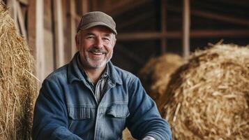 Smiling Farmer in a Barn - A Proud Moment in Rural Life photo