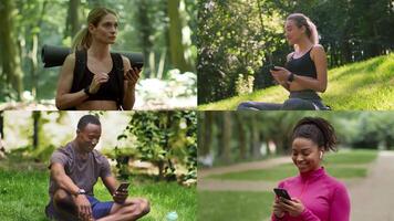 Individuals of various backgrounds participate in fitness routines in a lush park. They check their smartphones while enjoying the healthy outdoor environment, promoting an active lifestyle. video