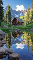 Peaceful mountain cabin mirrored in a clear lake photo