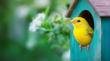Yellow Bird in a Teal Birdhouse - A Springtime Scene photo