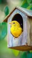 Yellow Bird in a Wooden Birdhouse - Nature's Delightful Scene photo