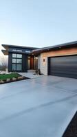 Stunning Modern Home Exterior with Concrete Driveway and Garage photo
