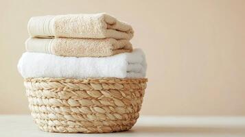 Stacked Towels in a Woven Basket - Simple Home Organization photo