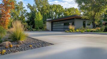 Modern Contemporary Home with Stunning Landscaping and Driveway Design photo