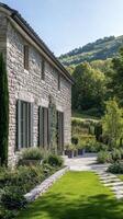 Rustic Stone House with Exquisite Garden Landscaping photo