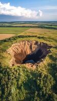 Enigmatic Sinkhole in a Lush Landscape A Breathtaking Aerial View photo