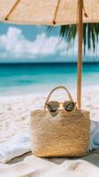Beach Day Essentials Straw Bag, Sunglasses, and Relaxation photo