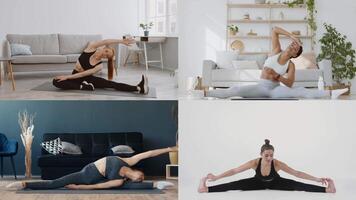 Four athletic ladies demonstrate different stretching techniques in a bright, modern home environment. Each person shows focus and dedication while enhancing their flexibility and health. video
