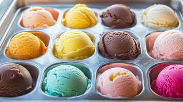 Assorted colorful scoops of delicious ice cream photo